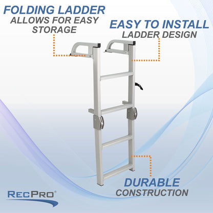 RecPro Compact Space Saving Aluminum Quick Release 4-Step Pontoon Boat Ladder