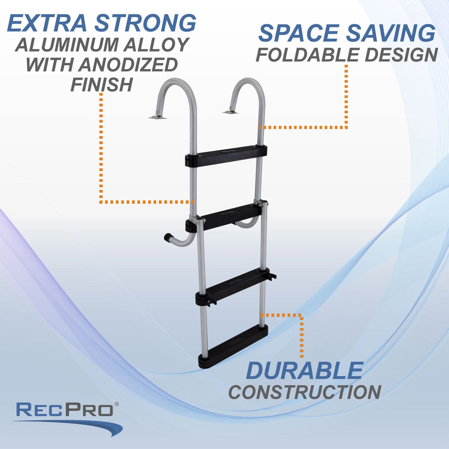 RecPro Compact Space Saving Aluminum 4-Step Pontoon Boat Ladder w/Plastic Steps