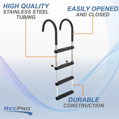 RecPro Compact Stainless Steel Heavy Duty 4 Step Pontoon Boat Boarding Ladder