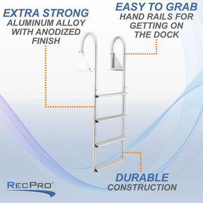 RecPro 4 Step Aluminum Marine Grade Dock Pier Attachment Flip Up Ladder, Silver