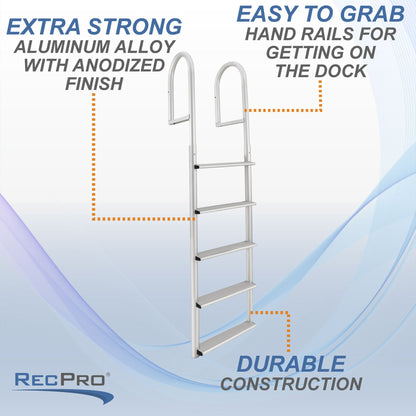 RecPro 5 Step Aluminum Marine Grade Dock and Pier Stationary Ladder, Silver