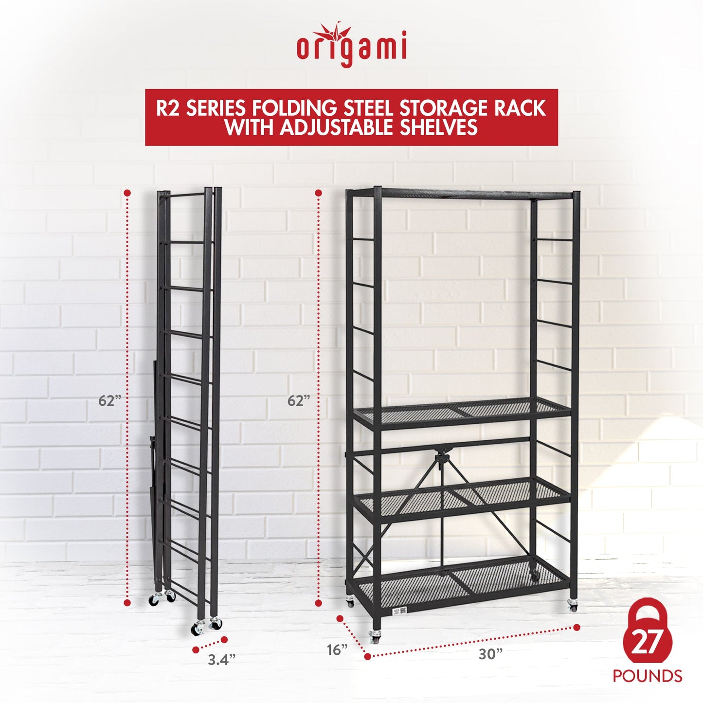 Origami R2 Series Folding Steel Storage Rack with Adjustable Shelves, Black