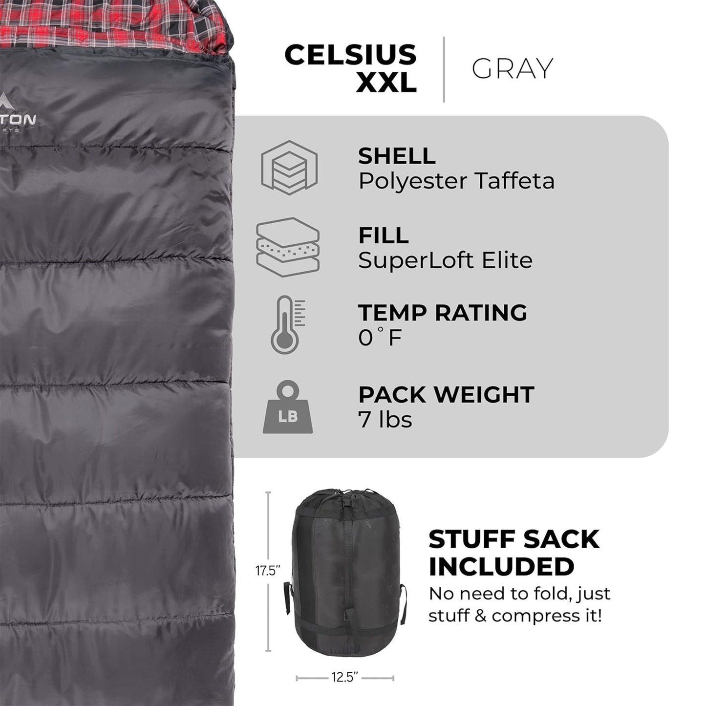 TETON Sports Celsius XXL 0 Degree Right Zipper Sleeping Bag for Camping, Gray