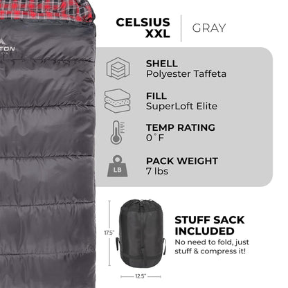 TETON Sports Celsius XXL 0 Degree Right Zipper Sleeping Bag for Camping, Gray
