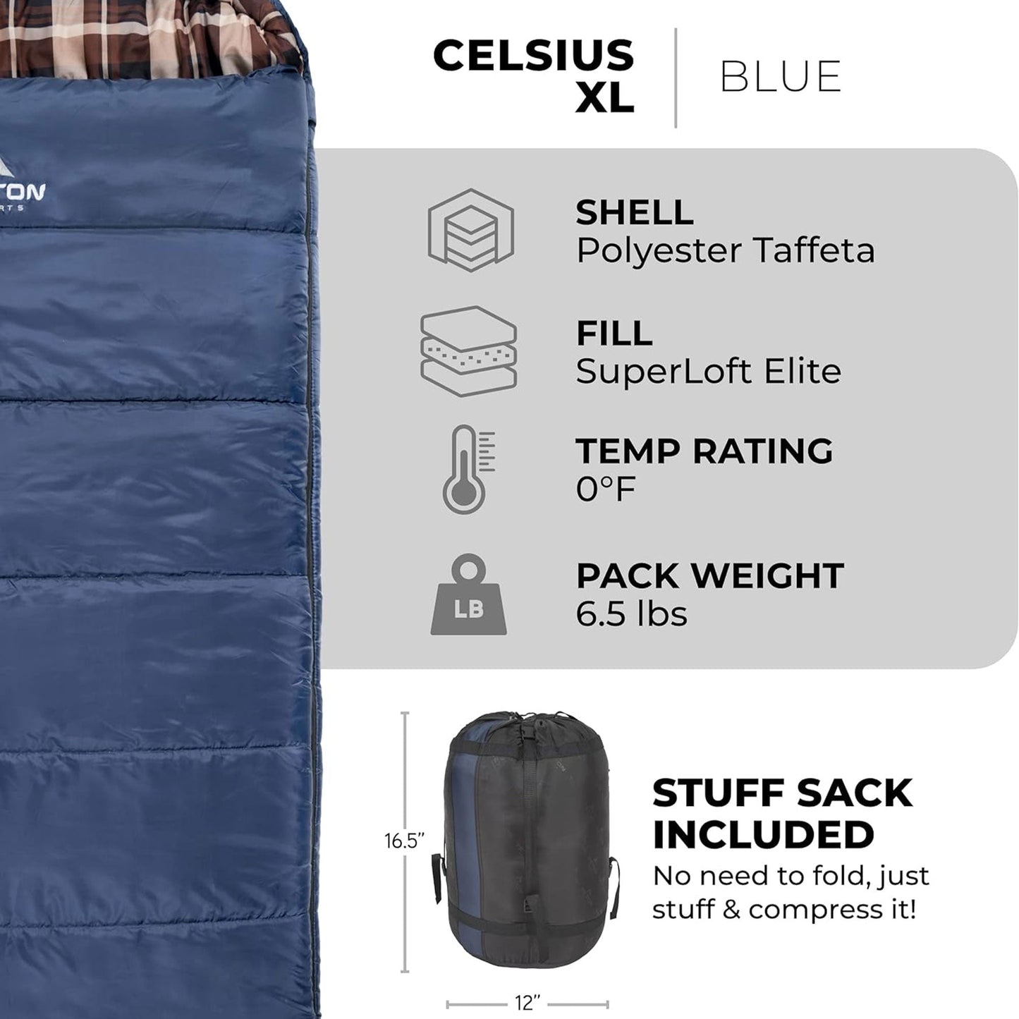TETON Sports Celsius XL -25 Degree Left Zipper Sleeping Bag for Camping, Blue