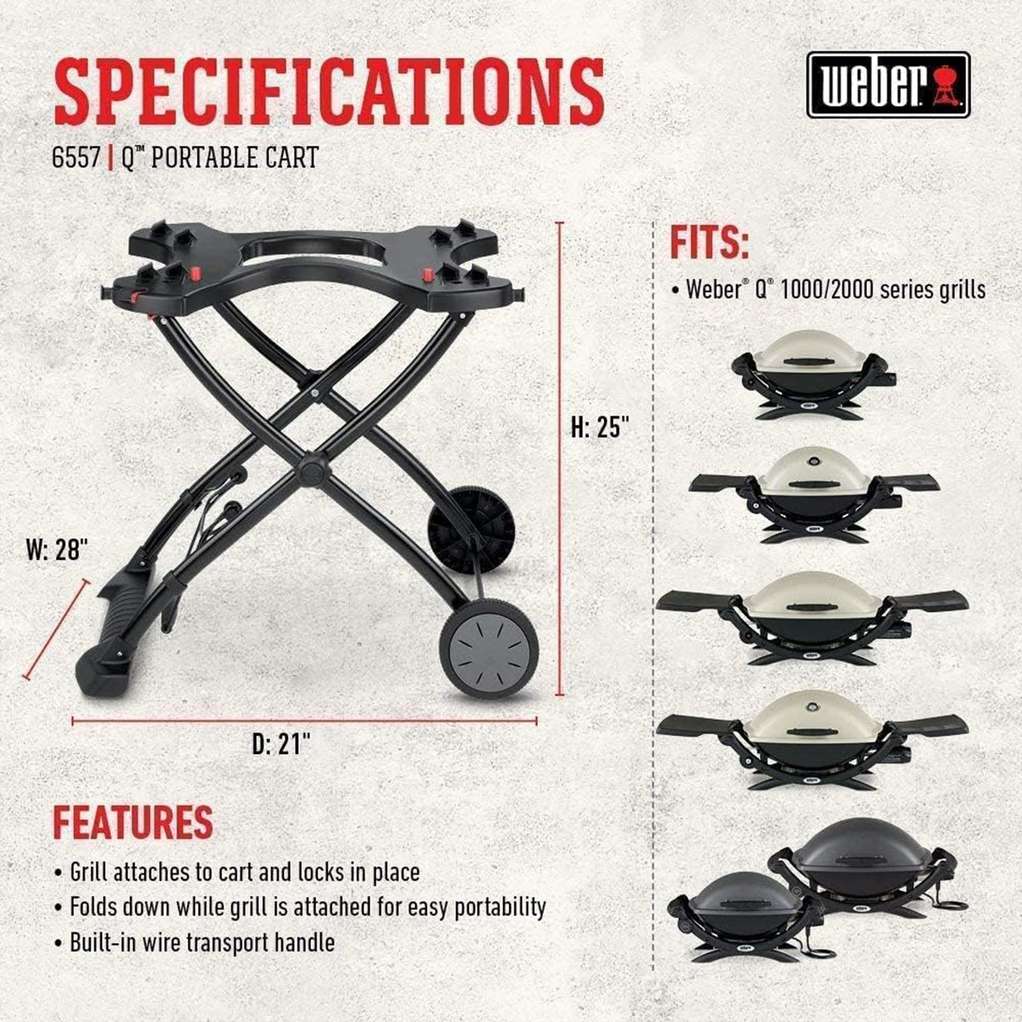 Weber Q Foldable Cart for Q1000 & 2000 Series Grills w/ Transport Handle, Black