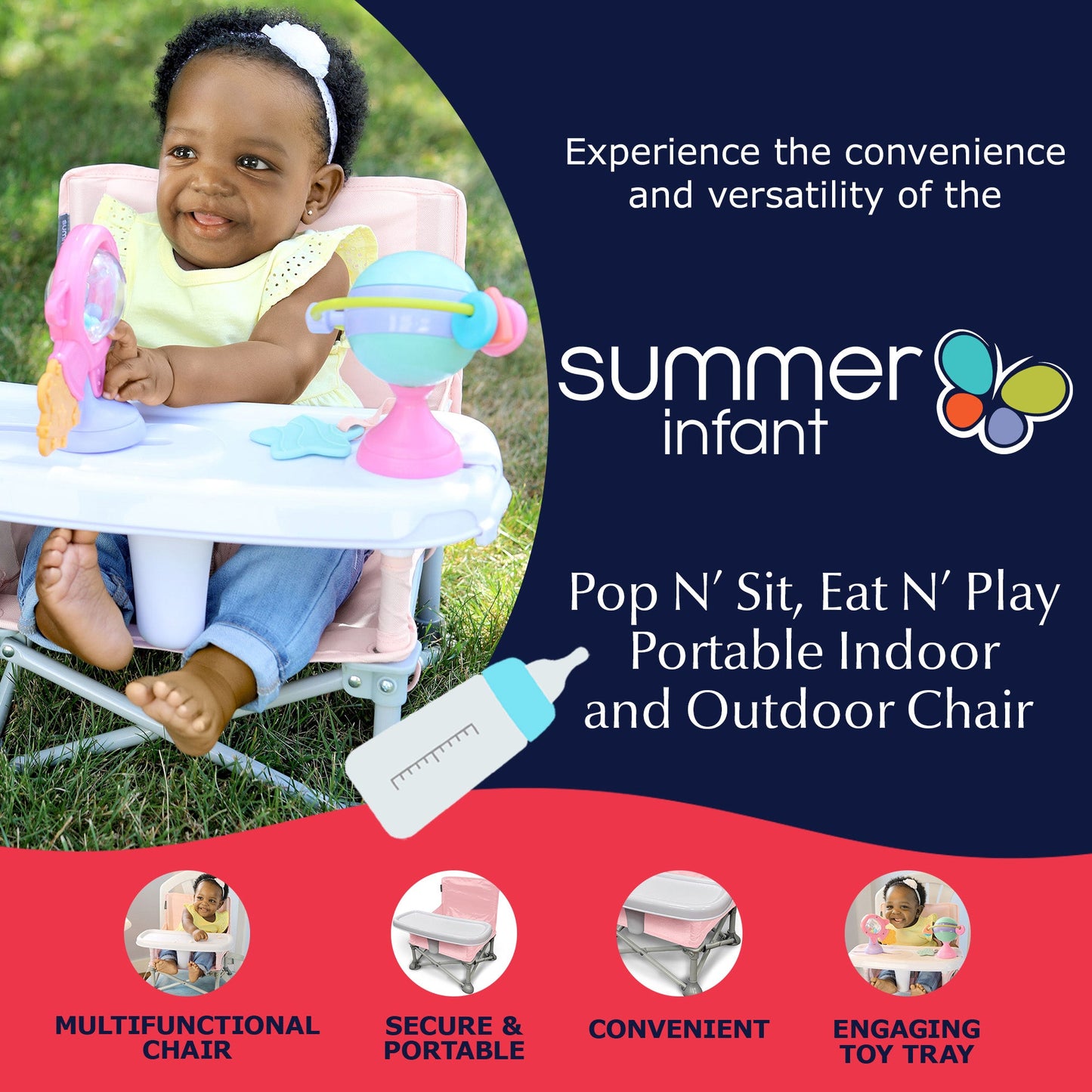 Summer Infant Pop 'N Sit Eat 'N Play Portable Indoor and Outdoor Chair, Pink