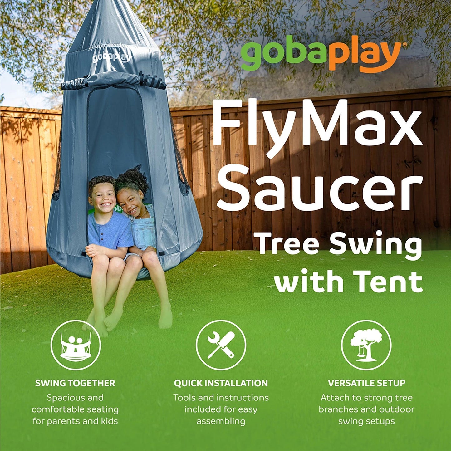 gobaplay Round Platform Saucer Tree Swing, Green with Hanging Tent Cover, Grey