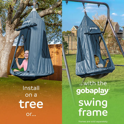 gobaplay Round Platform Saucer Tree Swing, Green with Hanging Tent Cover, Grey
