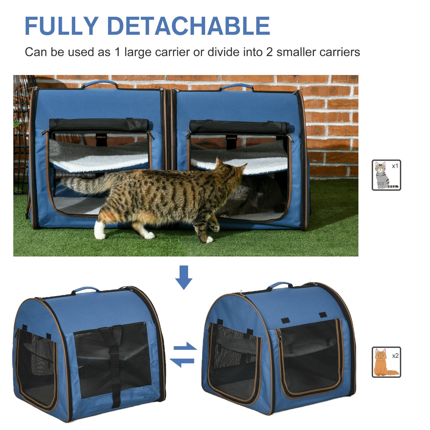 39" Portable Soft-Sided Pet Cat Carrier with Divider, Two Compartments, Soft Cushions, & Storage Bag, Blue