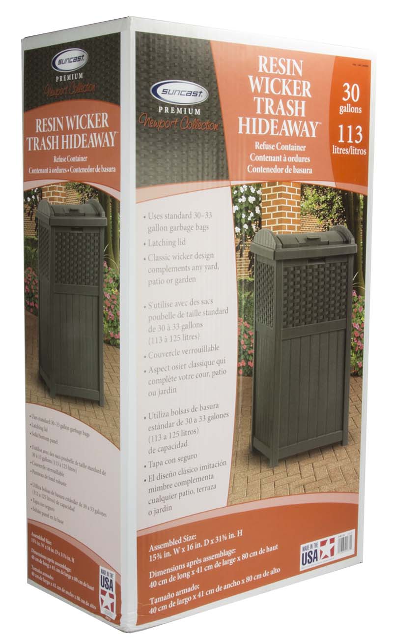 Suncast Trash Hideaway Resin Wicker Style Garbage Bin & 99 Gallon Deck Box, Java