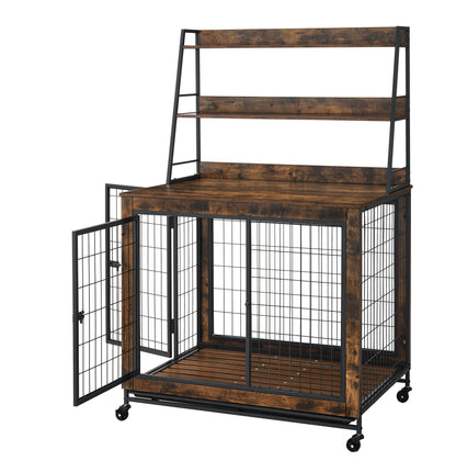 Furniture type dog cage iron frame door with cabinet, two door design, Rustic Brown,37.99"WX27.36"DX59.92"H