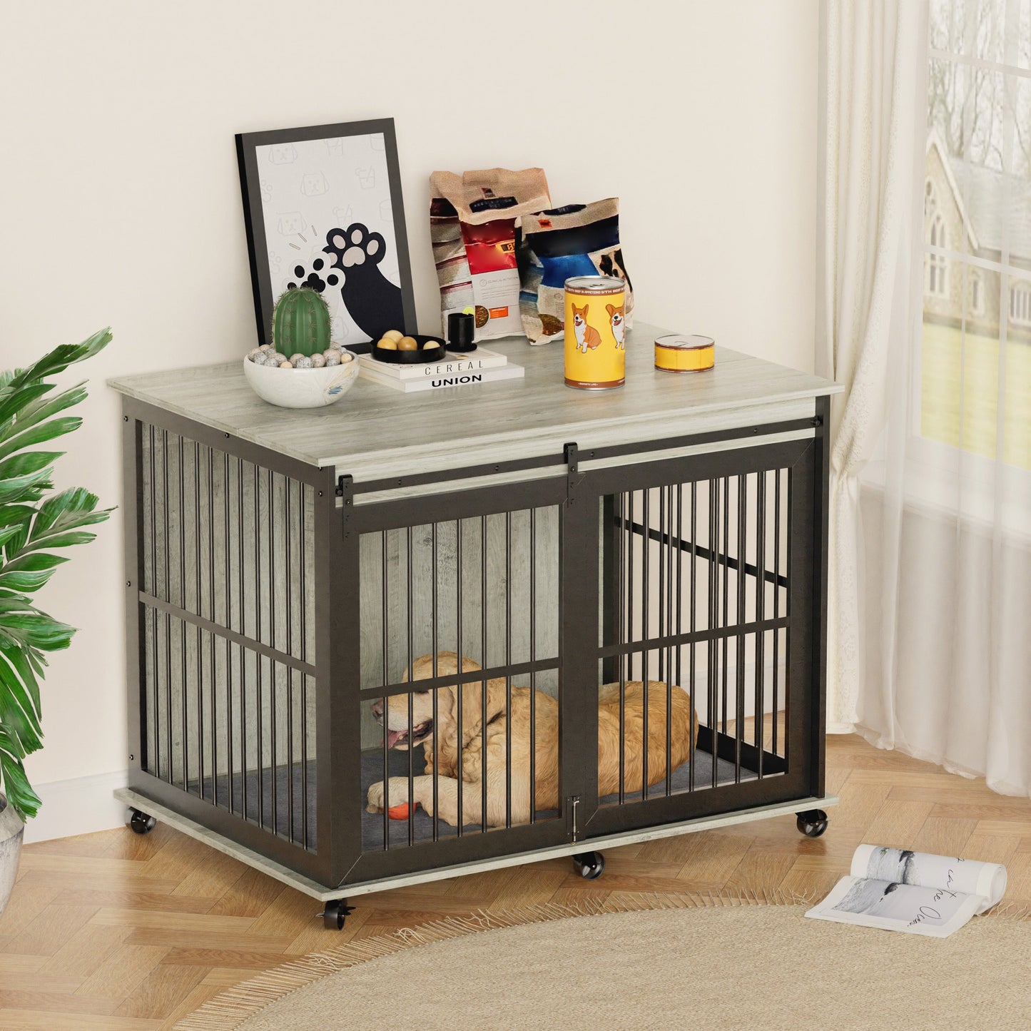 Furniture dog crate sliding iron door dog crate with mat. (Grey,43.7"W x 30"D x 33.7"H)