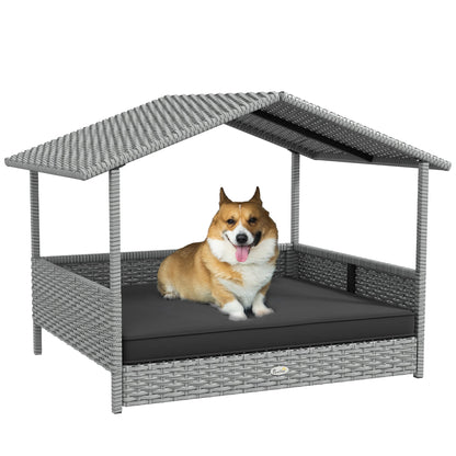 Wicker Dog House Outdoor with Canopy, Rattan Dog Bed with Water-resistant Cushion, for Small and Medium Dogs, Gray