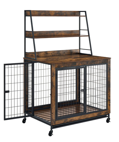 Furniture type dog cage iron frame door with cabinet, two door design, Rustic Brown,37.99"WX27.36"DX59.92"H