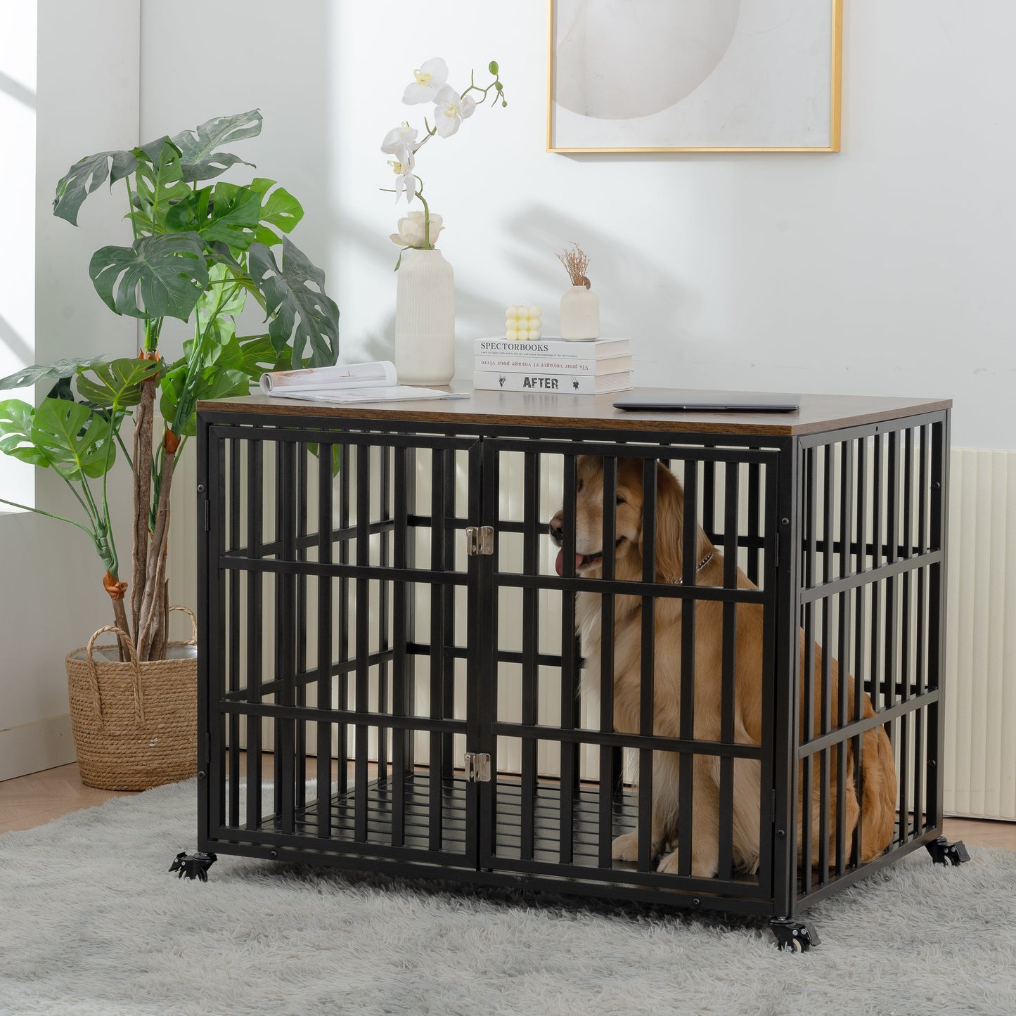 42" Heavy Duty Dog Crate for Large Medium Dogs, Furniture Style cage with 4 Lockable Wheels and 2 Locks, Decorative Pet House Wooden Cage Kennel Furniture Indoor