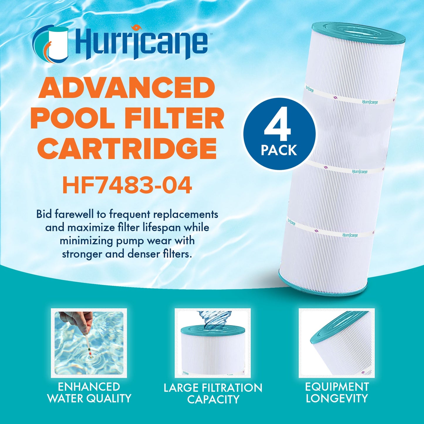 Hurricane 4 Pack HF7483-04 Advanced Pool and Spa Filter Cartridge Replacement