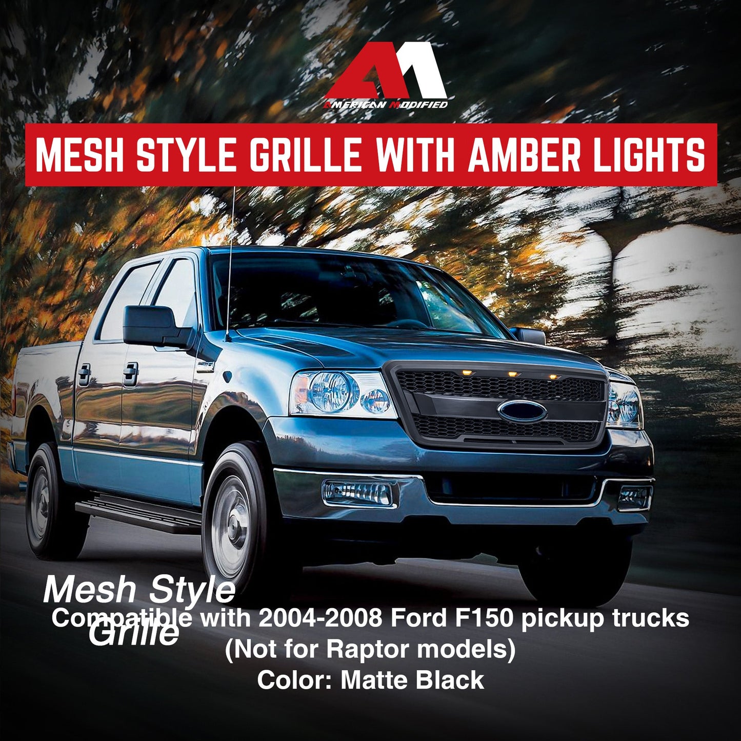 AMERICAN MODIFIED Raptor Style Mesh Grille for 2004-2008 Ford F150, Matte Black