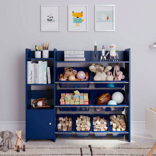 Sturdis Kids Toy Storage Organizer with Bookshelf and 8 Toy Bins, Dark Blue