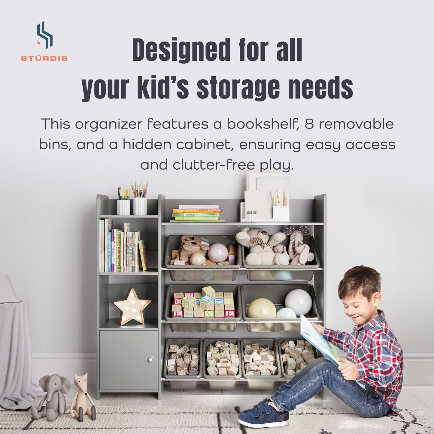 Sturdis Kids Toy Storage Organizer with Cabinet, Bookshelf and 8 Toy Bins, Gray