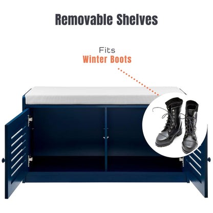 Sturdis Modern Shoe Storage Cushioned Seat Bench with Adjustable Shelves, Blue
