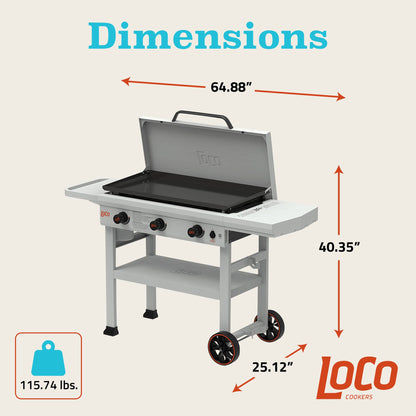 Loco Cookers 3-Burner Classic SmartTemp Outdoor Flat Top Propane Gas Grill, 36"