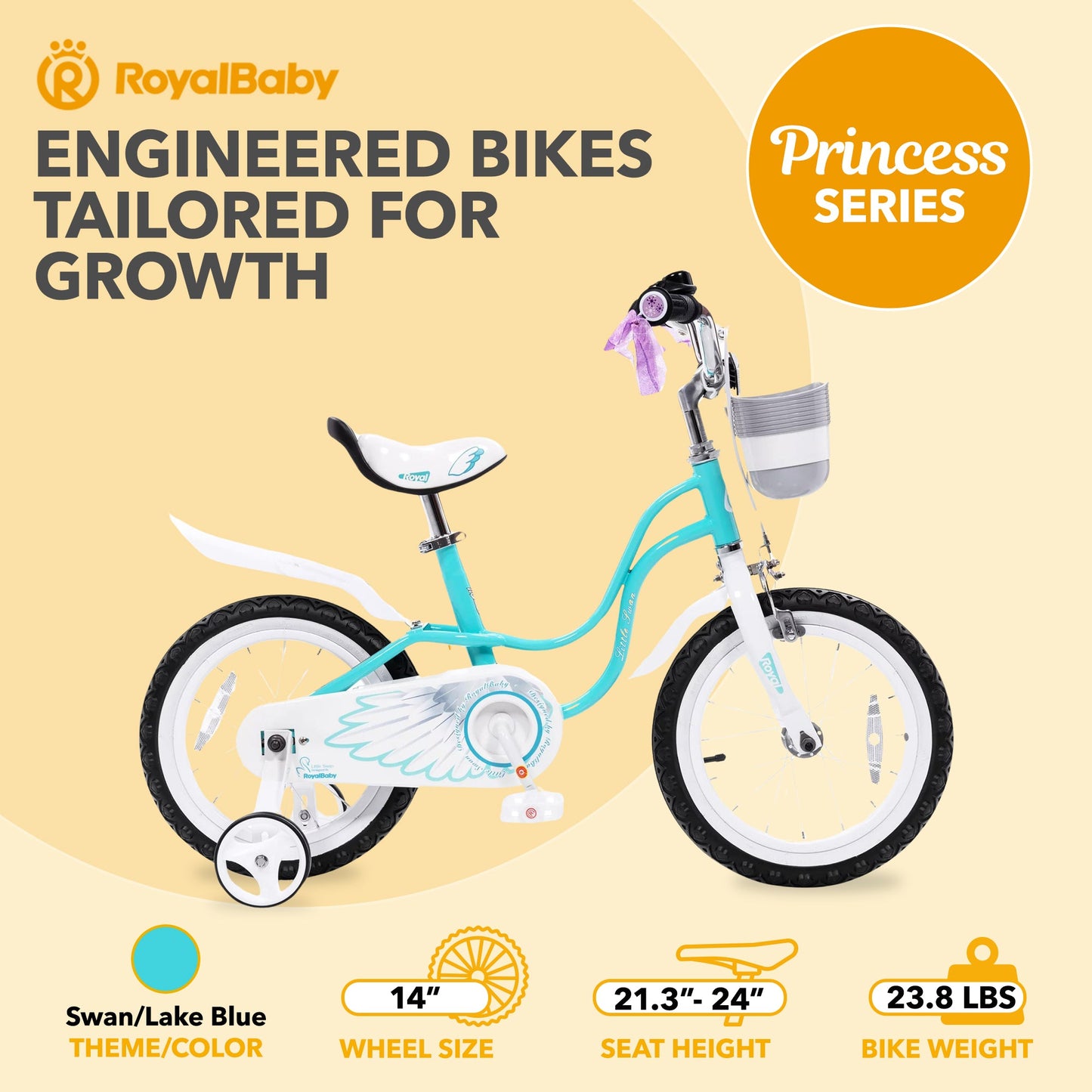 RoyalBaby Princess Girl Kids Bicycle 14" with Training Wheels, Swan/Lake Blue