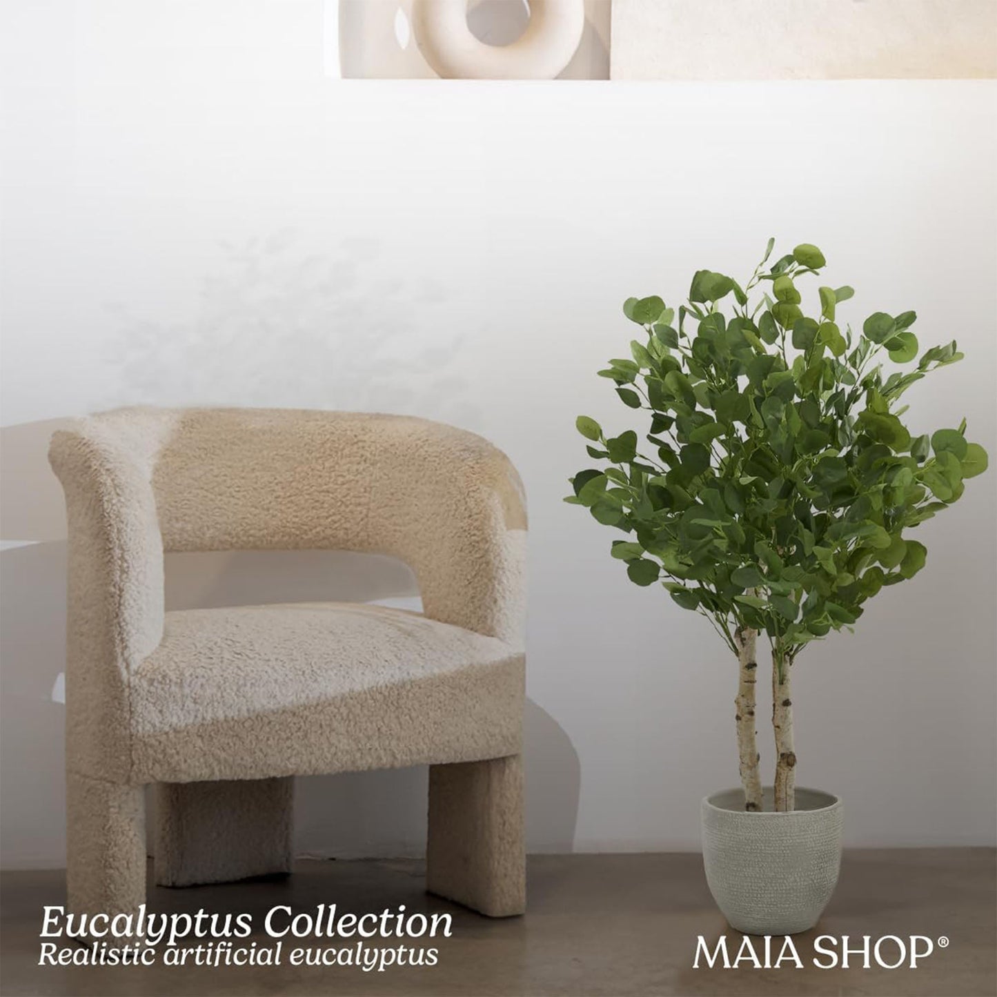 Maia Shop Artificial Eucalyptus Tree 3.5' Tall, Fake Tree w/Natural Wood Trunk