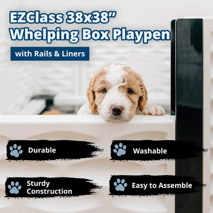 EZwhelp EZclassic 38" x 38" Dog Whelping Box Tall Playpen w/Rails & Liner, Gray