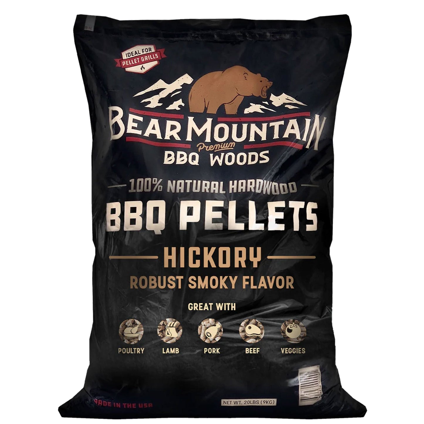 Bear Mountain All Natural Hickory BBQ Pellets w/Robust Smoky Flavor, 33 Pounds