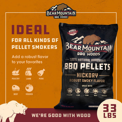Bear Mountain All Natural Hickory BBQ Pellets w/Robust Smoky Flavor, 33 Pounds