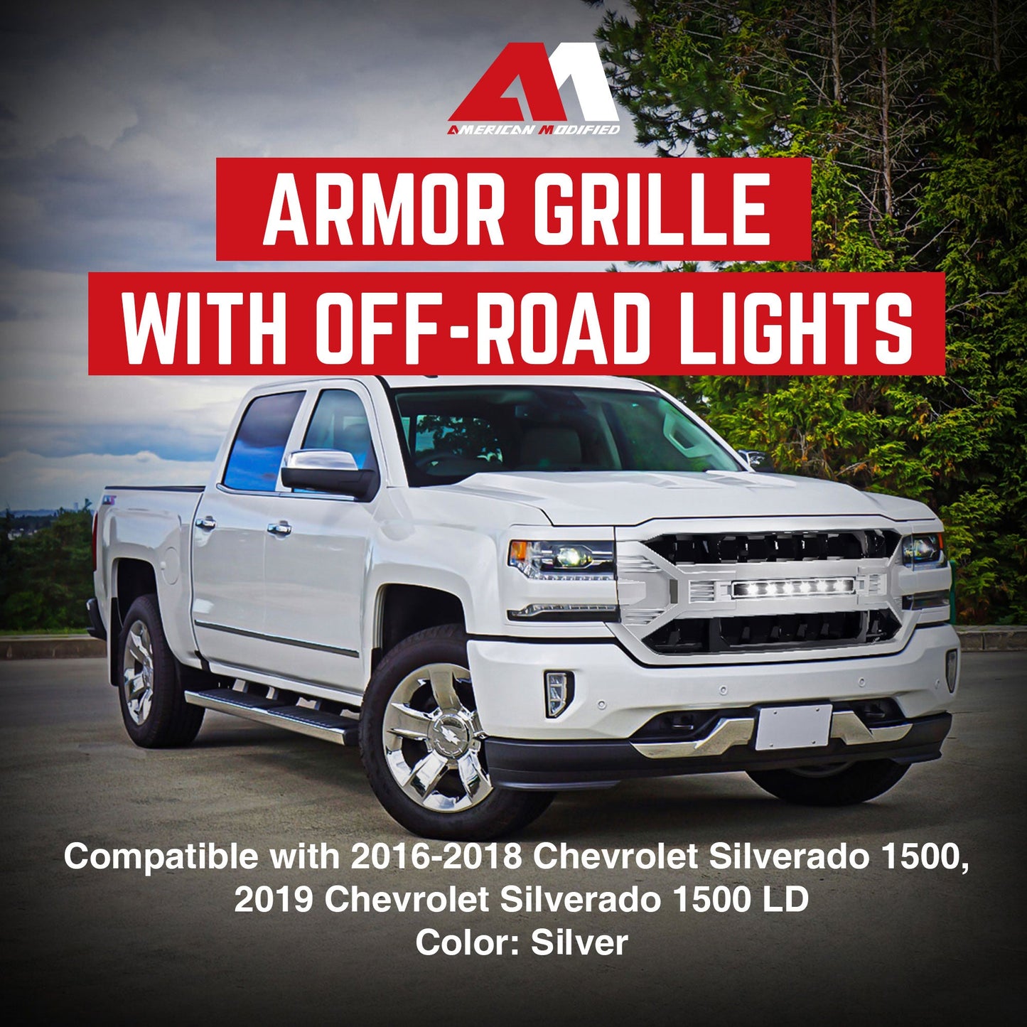 AMERICAN MODIFIED Armor Grille for 2016-2019 Chevrolet Silverado 1500, Silver