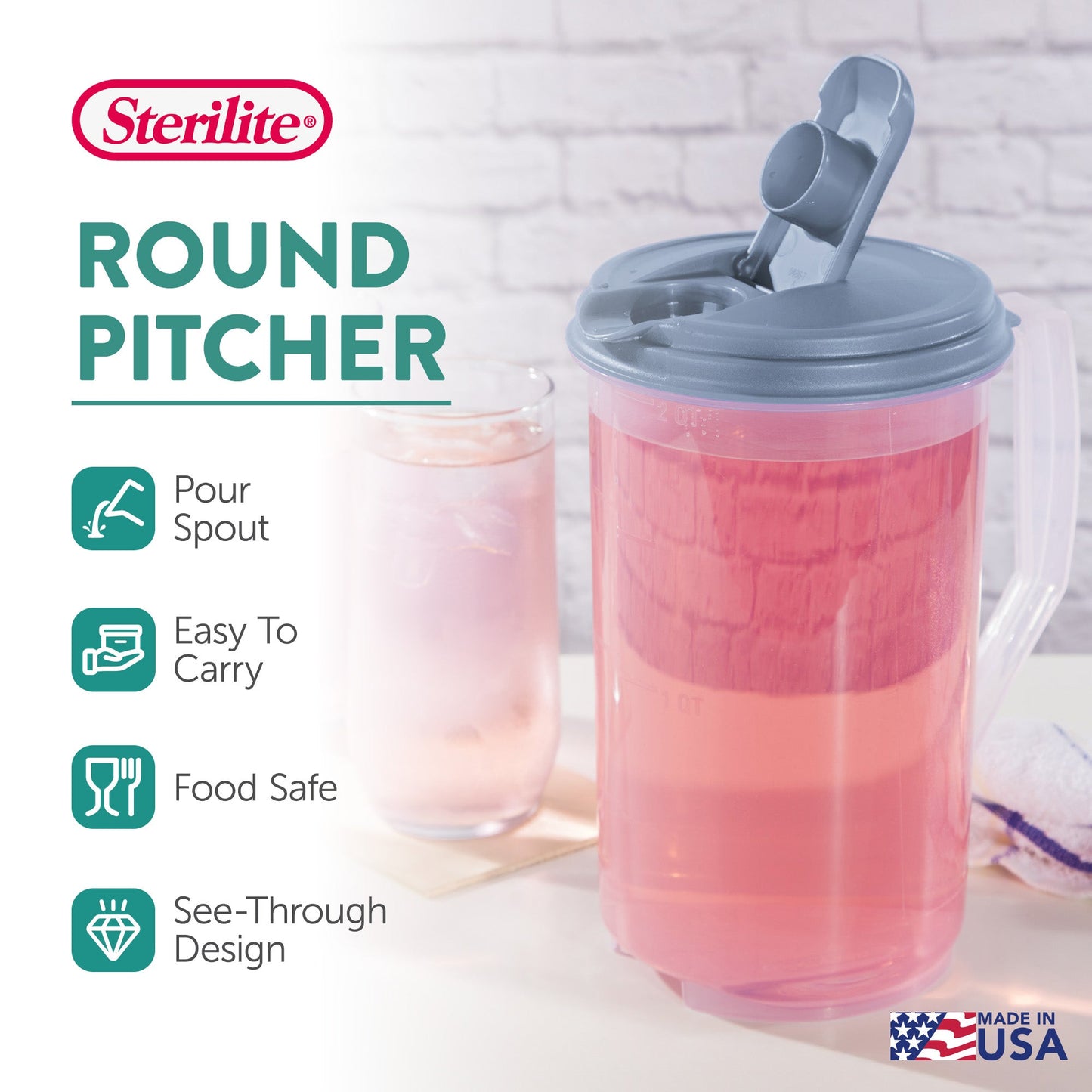 Sterilite 2 Quart Plastic Hinged Pitcher with Comfort Grip Handle, Blue, 12-Pack