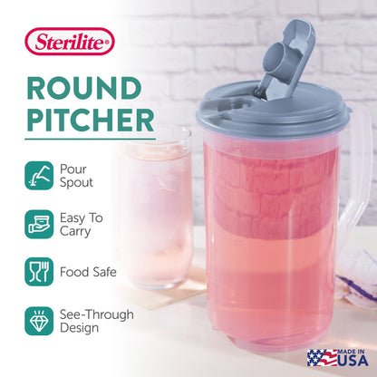 Sterilite 2 Quart Plastic Hinged Pitcher with Comfort Grip Handle, Blue, 12-Pack