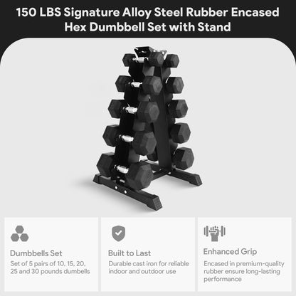 BalanceFrom Signature Alloy Steel 150 lb Rubber Encased Hex Dumbbell Set, Black