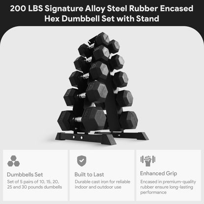 BalanceFrom Signature Alloy Steel 200 lb Rubber Encased Hex Dumbbell Set, Black