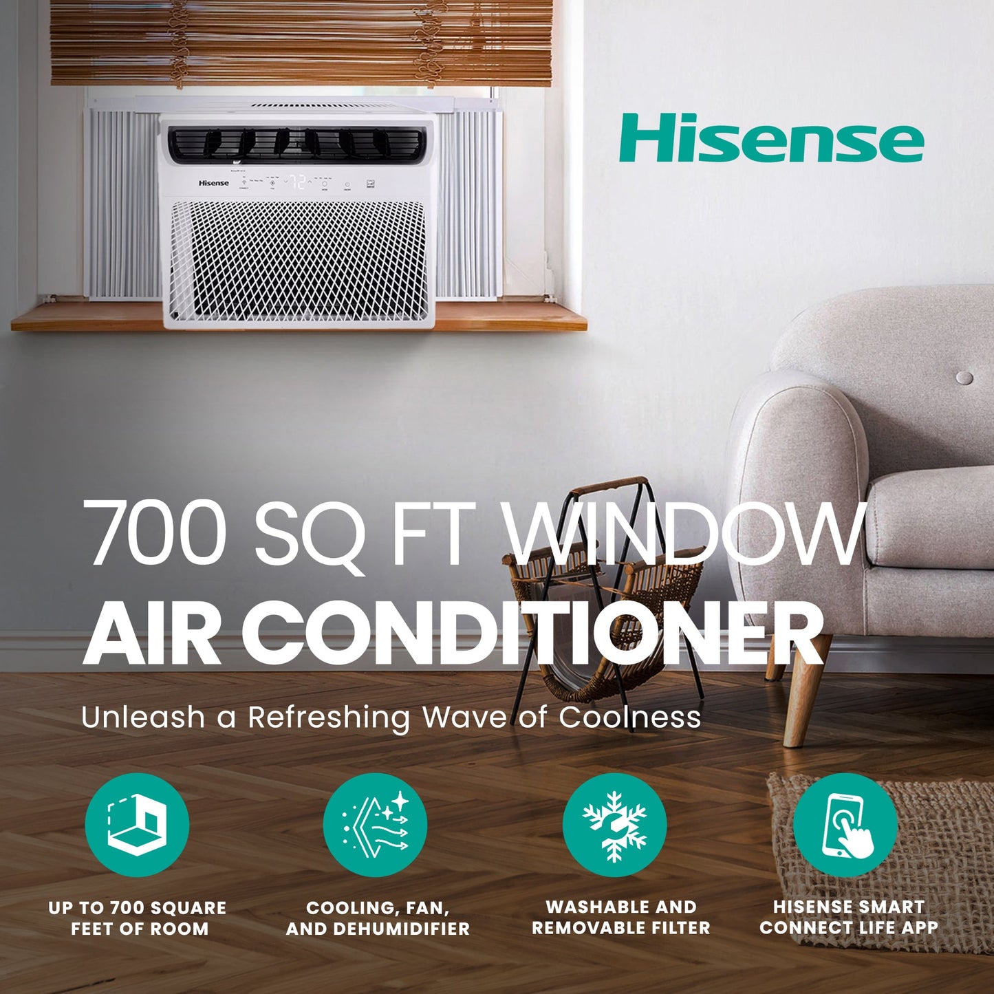 Hisense 700 Sq ft Window Air Conditioner w/Remote, 3 Modes & 4 Way Air Direction