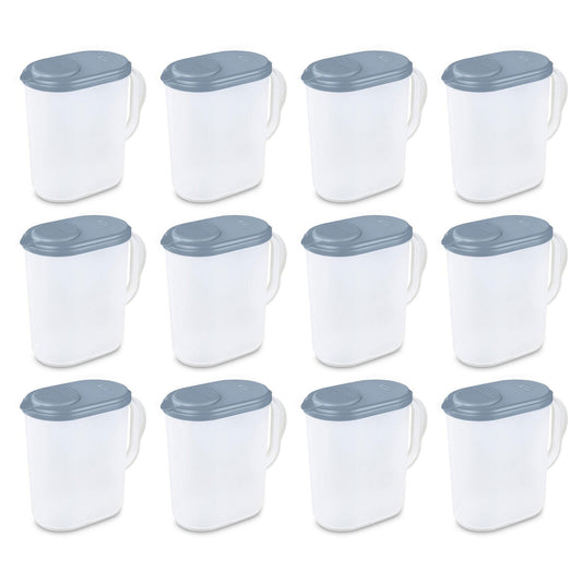 Sterilite Plastic Lidded Pitcher with Clear Base & Handle, Washed Blue, 12-Pack