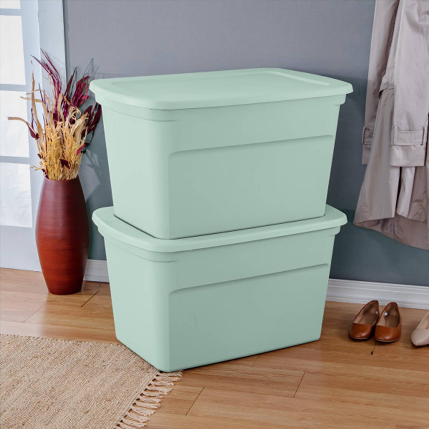 Sterilite 30 Gal Latch Tote with Handle for Home Storage, Mindful Mint (12 Pack)