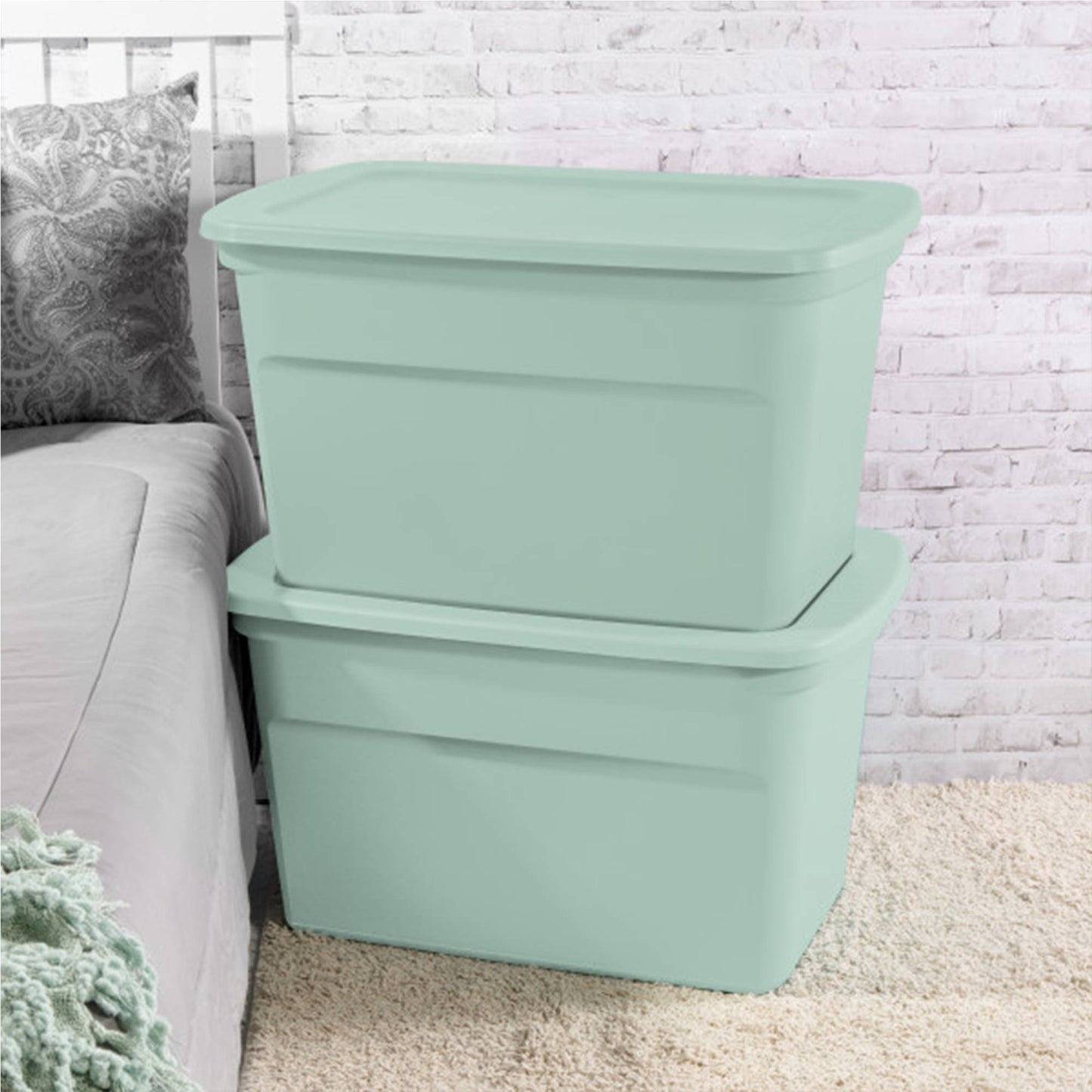 Sterilite 30 Gal Latch Tote with Handle for Home Storage, Mindful Mint (18 Pack)