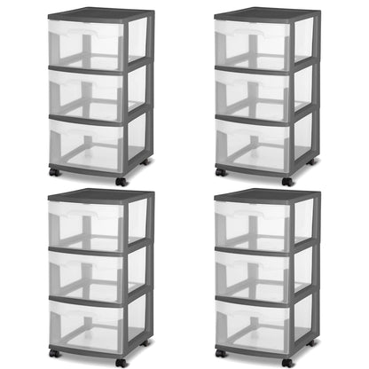 Sterilite 3 Drawer Home Organizer Storage Cart w/Caster Wheels, Gray (4 Pack)