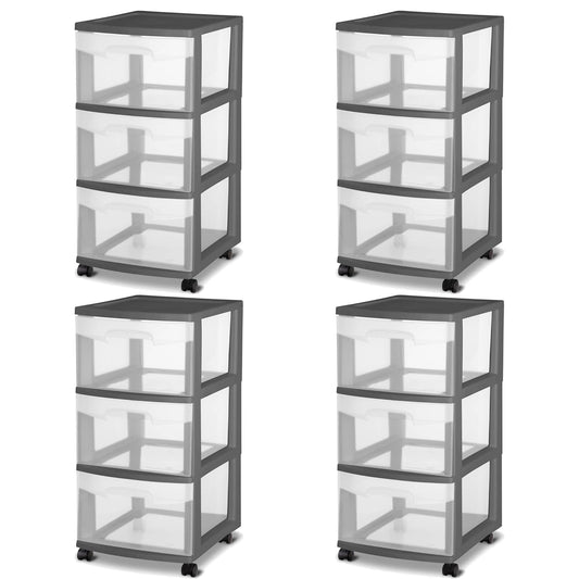 Sterilite 3 Drawer Home Organizer Storage Cart w/Caster Wheels, Gray (4 Pack)