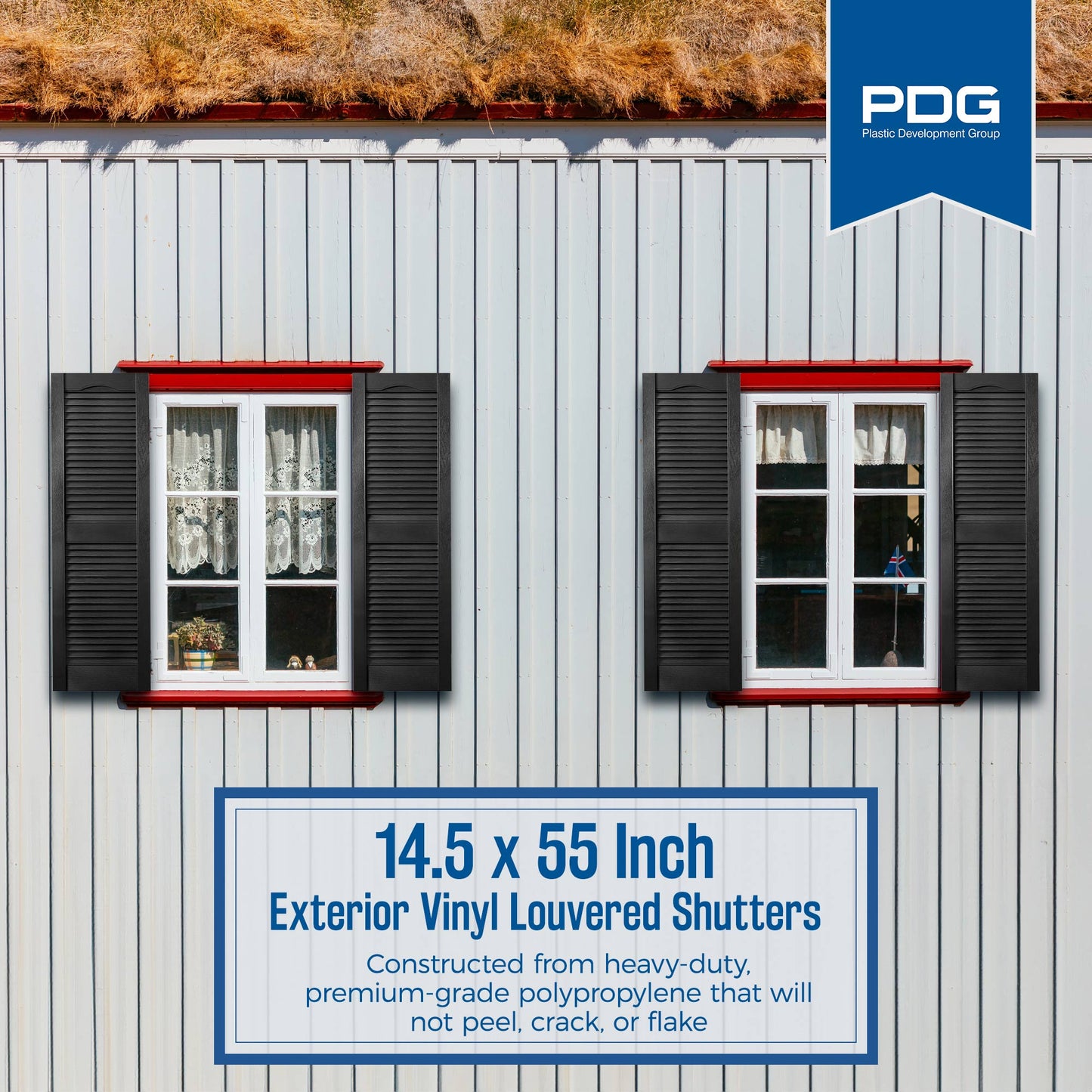 Plastic Development Group 14x55 Inch Exterior Louvered Shutters, Black (4 Pack)