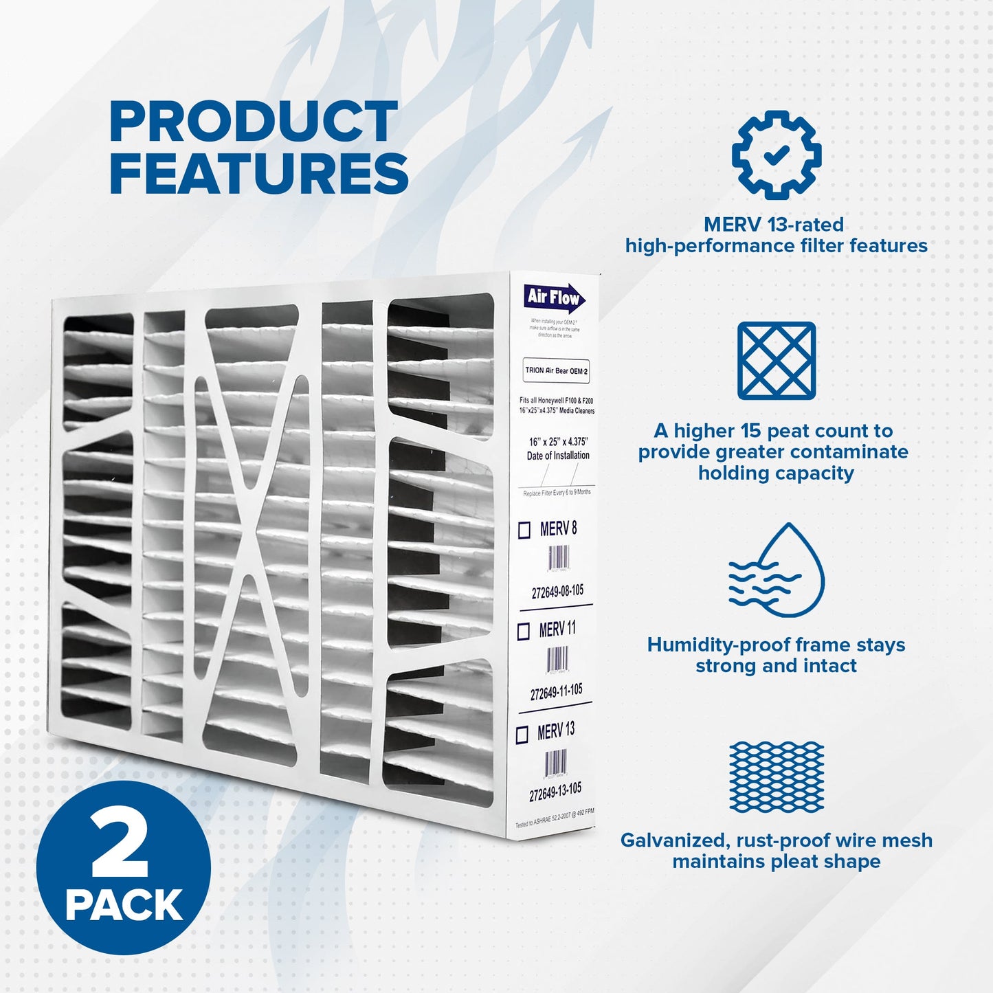 Trion Air Bear OEM 16x25x4 Inch MERV 8 Replacement Air Purifier Filter, 2 Pack