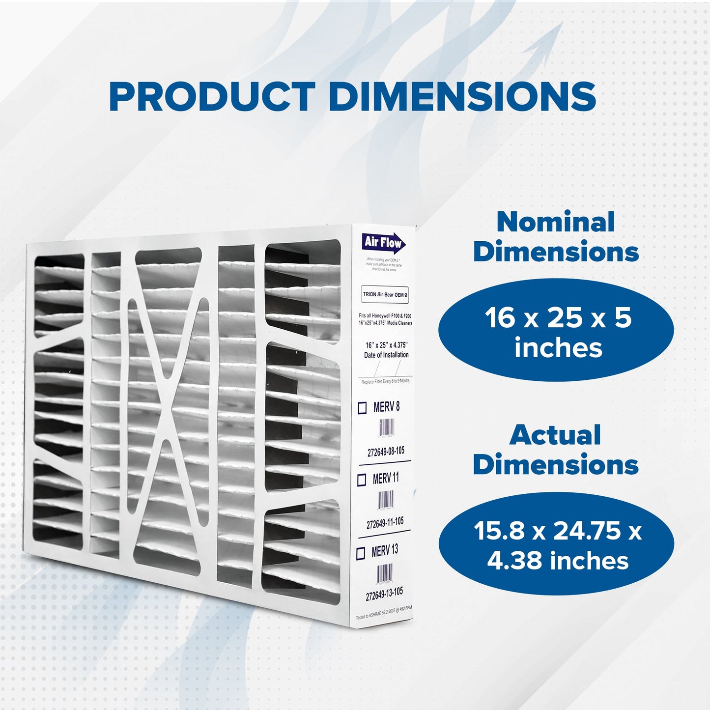 Trion Air Bear OEM 16x25x4 Inch MERV 8 Replacement Air Purifier Filter, 2 Pack