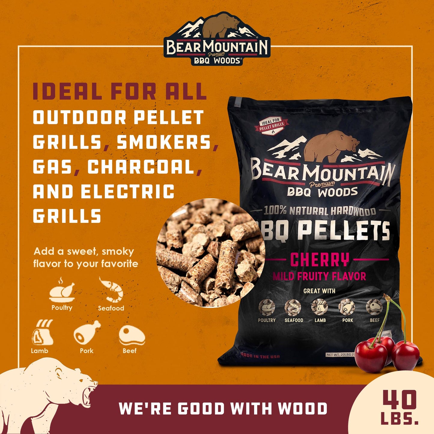 Bear Mountain BBQ All Natural Hardwood Cherry Smoker Pellets, 40 Pounds (2 Pack)