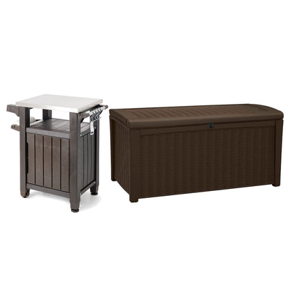 Keter Unity 40 Gal Grilling Bar Cart with Borneo 110 Gal Storage Deck Box, Brown