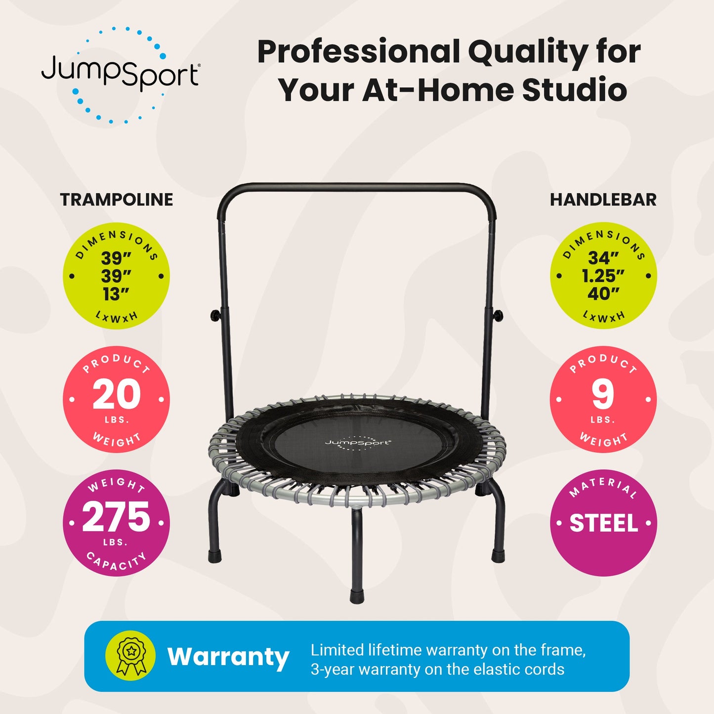 JumpSport 350 Series 39" Fitness Trampoline & Handle Bar Bundle, Adjustable Bungees, Stable No-Tip Arched Legs, & 60 Day Streaming Trial