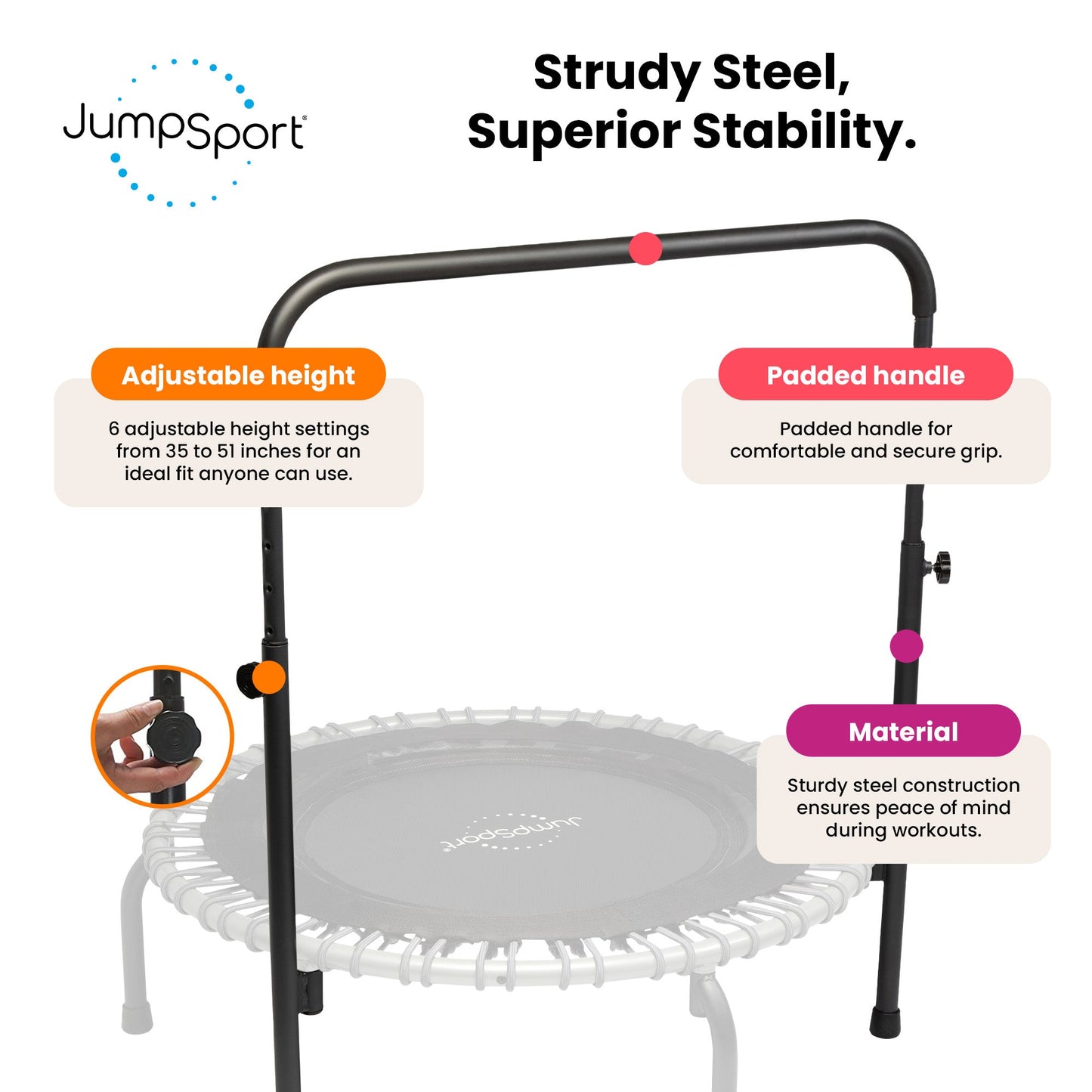 JumpSport 350 Series 39" Fitness Trampoline & Handle Bar Bundle, Adjustable Bungees, Stable No-Tip Arched Legs, & 60 Day Streaming Trial