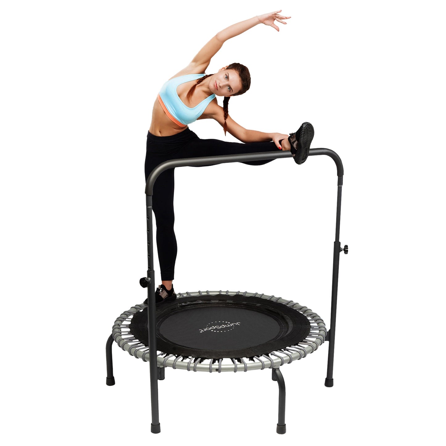 JumpSport 350 Series 39" Fitness Trampoline & Handle Bar Bundle, Adjustable Bungees, Stable No-Tip Arched Legs, & 60 Day Streaming Trial